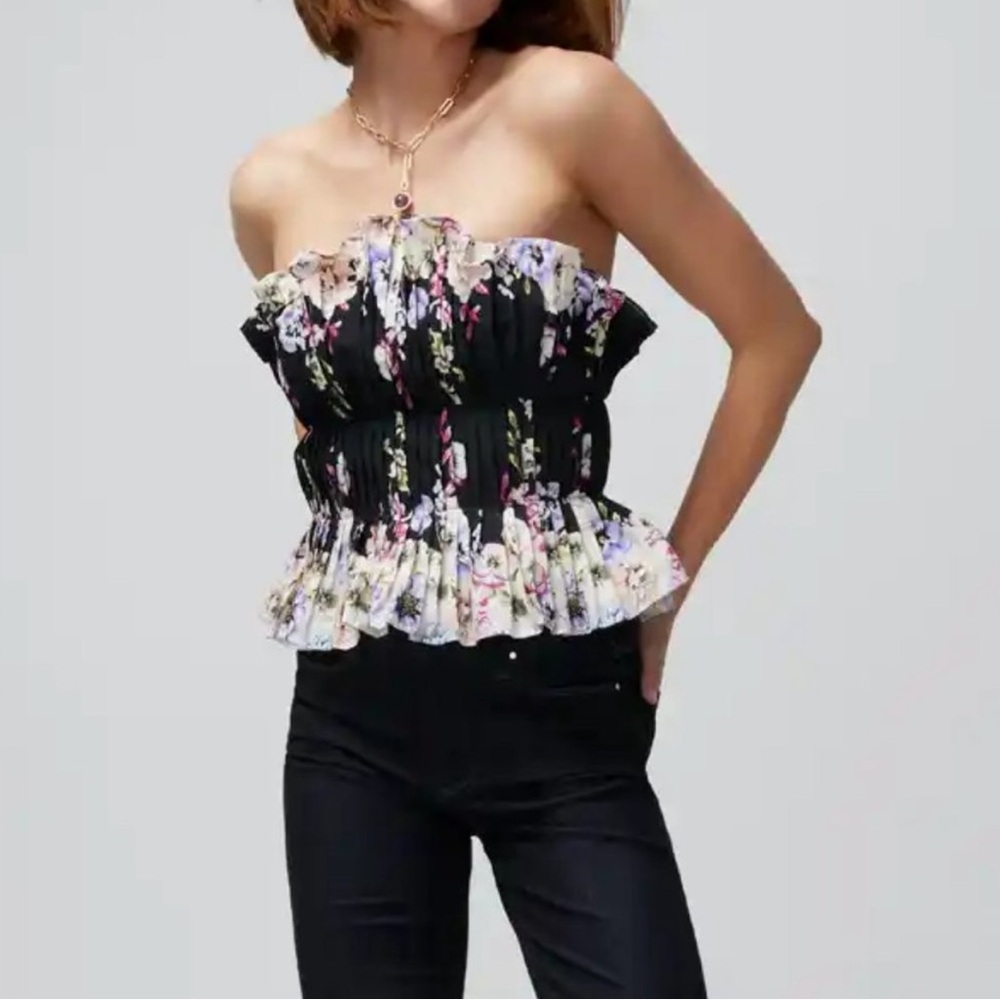 White House Black Market Floral Ruffled Bustier Top